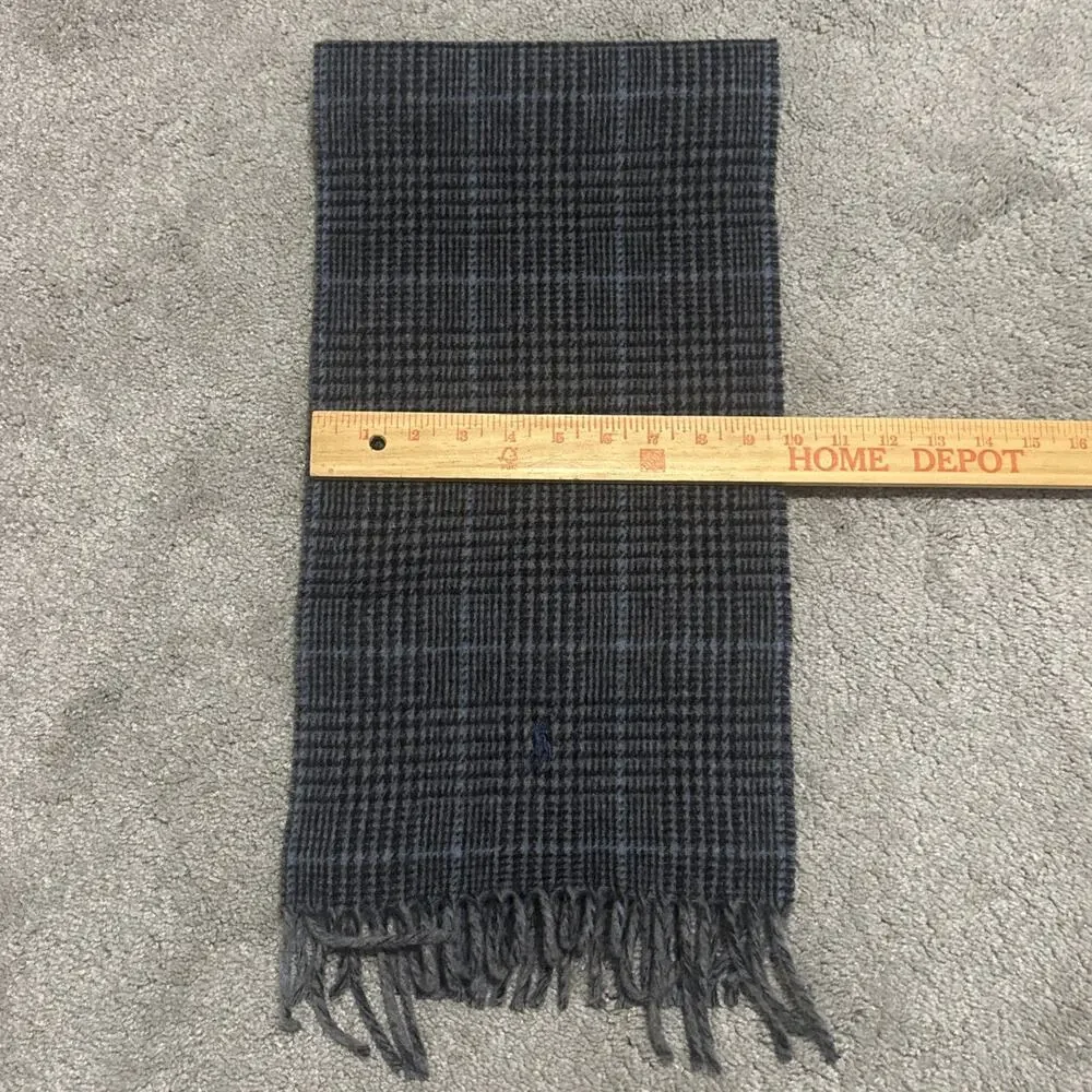 Polo Ralph Lauren Scarf Adult One Size Gray Lambswool Nylon Plaid Fringe Italy